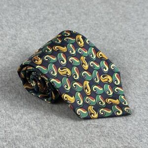 Vintage Nautica Silk Tie USA Navy Green Gold Paisley Swirl Necktie 56x4"